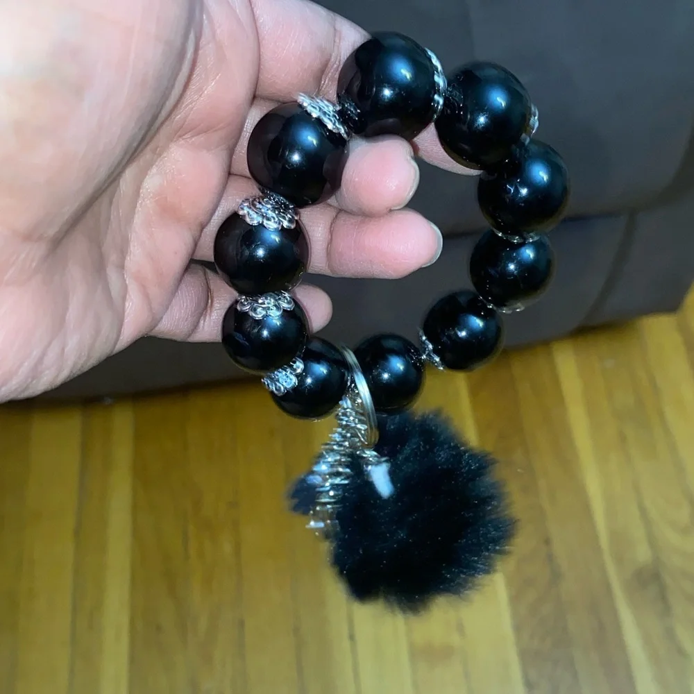 Beaded in Black Bracelet Keychain with Tassel